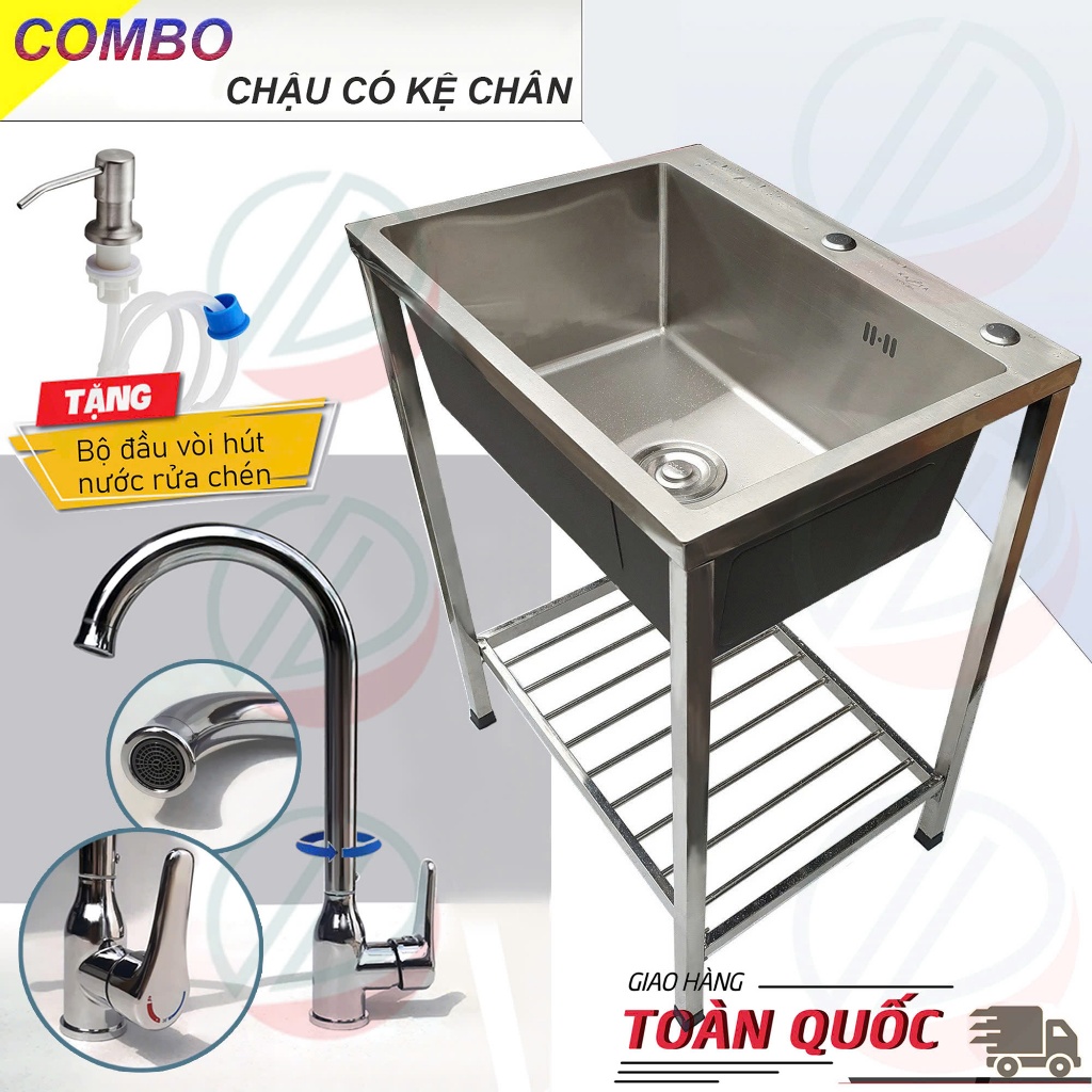 COMBO Chậu Rửa Chén Bát 1 Hộc Có Chân Nhiều Kích Thước Kèm Vòi Inox Nóng Lạnh: Mua đủ bộ (có vòi) tặng đầu xịt xà bông