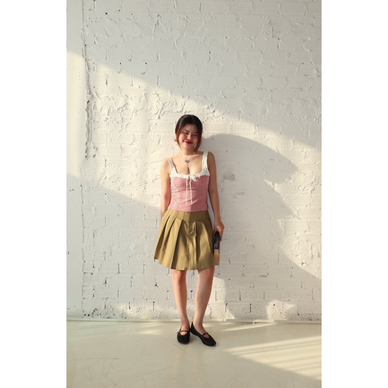 LUEUR | MIMI TOP | Áo hai dây trắng phối caro đỏ thắt nơ