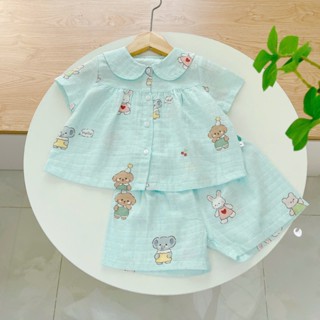 Bộ hè bé gái áo babydoll cánh tiên vải xô hai lớp mềm mát họa tiết thỏ mèo Áo Lá Homewear A049