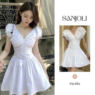 Đầm Dự Tiệc Cổ Chữ V SANJOLI Váy Ngắn Eo Con Kiến Thiết Kế Kiểu Pháp Lên Form VD018