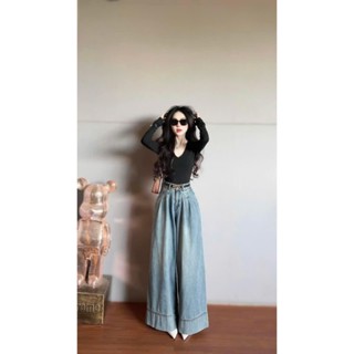  Quần jean nữ ống rộng xếp ly xanh nhạt dài 100cm M9536 