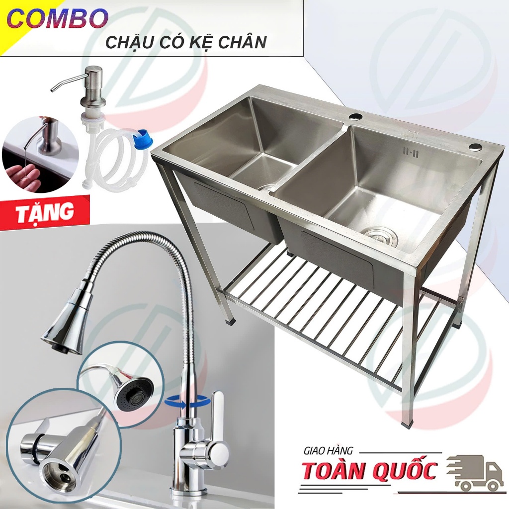 COMBO Chậu Rửa Chén Bát 2 Hộc 82x45cm Và 100x50cm Có Chân Kèm Vòi Inox Nóng Lạnh - Mua đủ bộ có vòi tặng đầu xịt xà bông