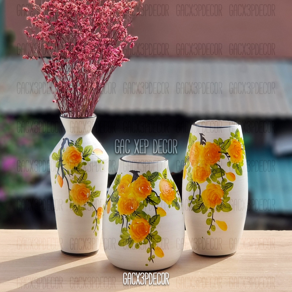 Bình hoa gốm sứ Bát Tràng họa tiết vẽ thủ công Decor phòng, bàn làm việc