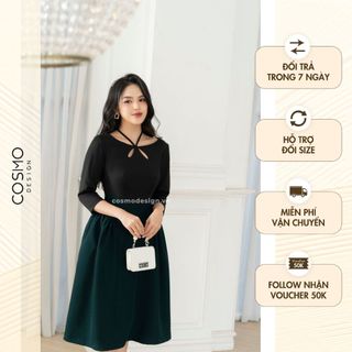 Váy đầm nữ thiết kế dáng xoè đen khoét hở cổ phối thân dưới xanh lá sang trọng cuốn hút Chrismas Night 11204