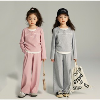 Bộ đồ thu đông dài tay cho bé gái Anniebaby set áo thun quần dài suông chất len lông thỏ mềm mại ấm áp giữ nhiệt BD24067