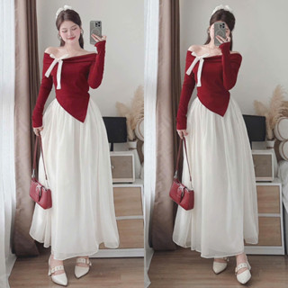 Sét Váy Nữ - Áo Len Tăm Trễ Vai Dài Tay Đính Nơ Vạt Chéo Kèm Chân Váy Dáng Dài Phong Cách Tiểu Thư
