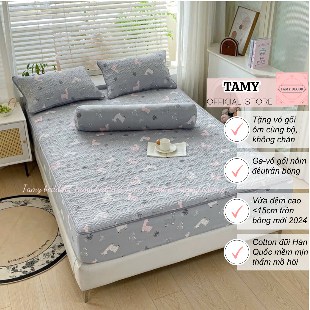 Bộ ga gối cotton đũi Hàn Quốc trần bông không có chăn Tamy Bedding Tặng vỏ gối ôm đủ các size mát mẻ