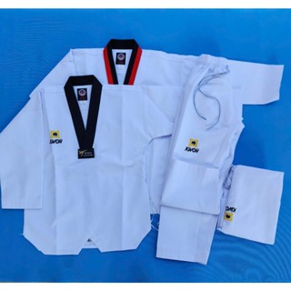 Võ Phục Taekwondo Cổ Đen - Cổ Đỏ Đen Kwon, Vải Sọc Cao Cấp