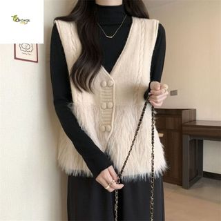  Áo Gile Cài Khuy Áo Gile Nữ Trơn Chất Lông Thỏ Phối Cúc Dạ Vặn Thừng Cổ V Phong Cách Vintage Hàng Qccc Orangecloset 