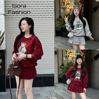  Set Áo Nỉ Gấu Kèm Chân Váy Xếp Li Sora Fashion Set Bộ Nữ Dài Tay Form Rộng Chất Liệu Nỉ 198 