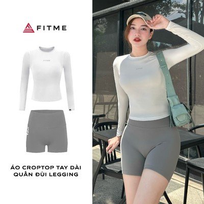 Bộ đồ tập gym yoga Fitme áo croptop trắng tay dài ôm body chống nắng , quần đùi legging tôn dáng Dark Grey