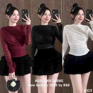  Áo ren lưới dúm vai tay hoa ôm body chiết eo tôn dáng tiểu thư  có lớp lót trong  