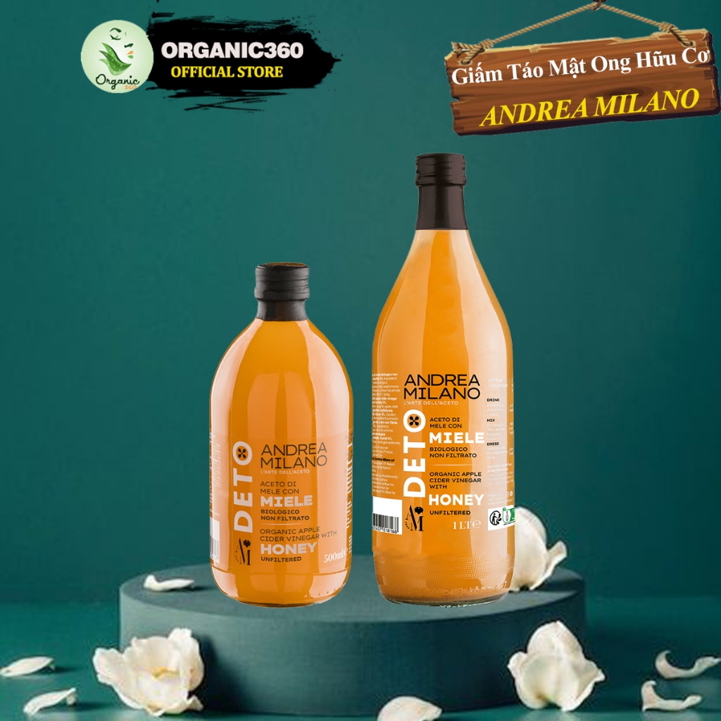 Giấm Táo Mật Ong Detox Hữu Cơ Có Giấm Cái Milan ANDREA MILANO Organic Apple Cider Vinegar 500ml 1L