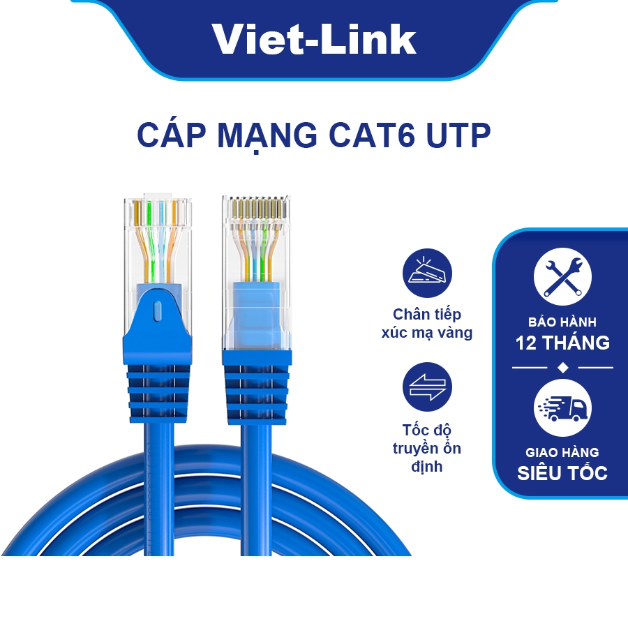 Dây cáp mạng Cat6 UTP VIET-LINK 8323-10| Đồng thuần 24AWG RJ45 tiếp điểm mạ vàng|Hiệu suất cao BH12T