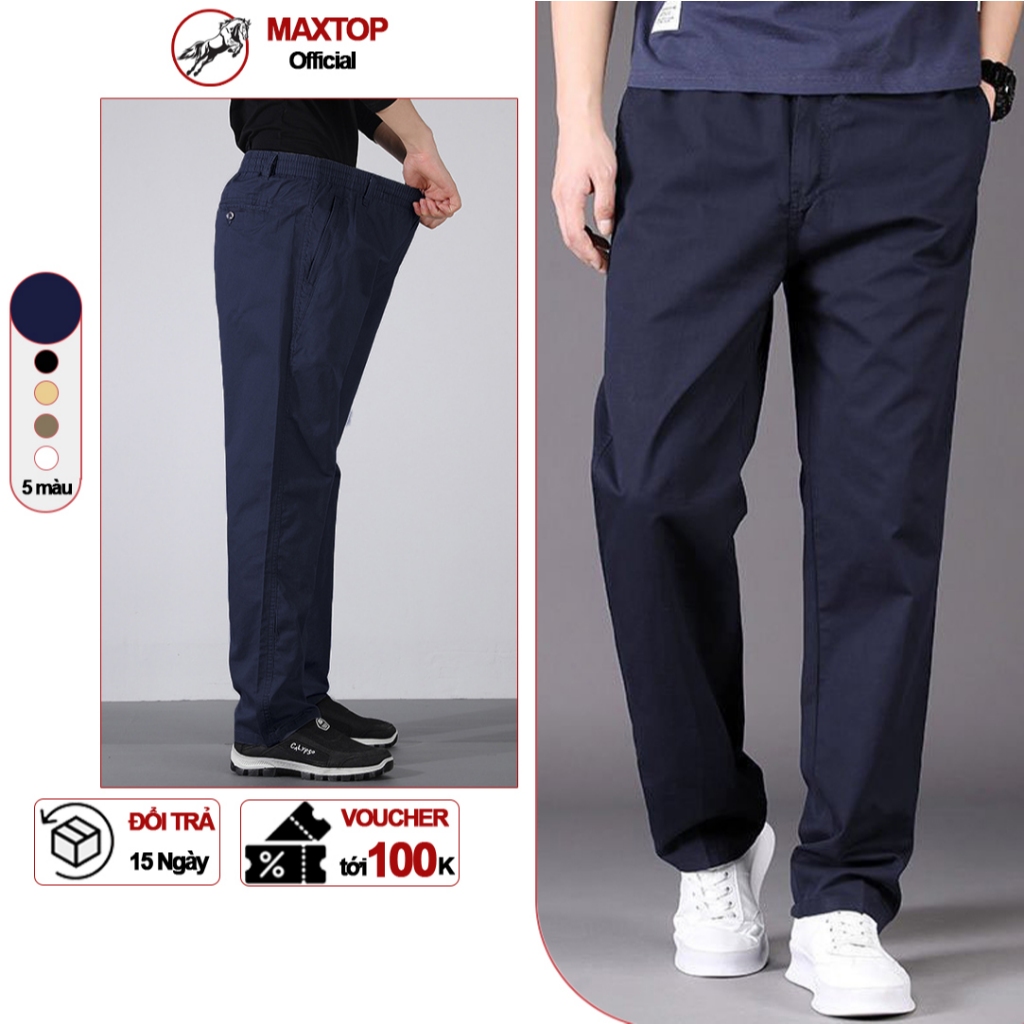 Quần kaki nam MAXTOP Cạp chun co giãn, dáng suông có dây rút, khóa kéo tiện lợi