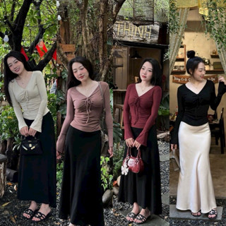 Áo thun dáng ôm rút ngực tay loe, Áo kiểu nơ ngực dài tay AT7635 - NhiNhi Shop