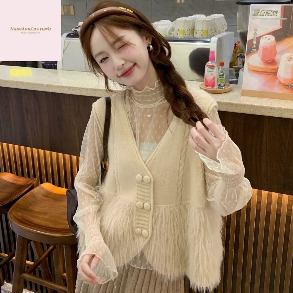Áo Gile Nữ, Áo Gile Lông Phong Cách Hàn Quốc Cổ V Phối Khuy Đôi Dạ Chất Len Lông Thỏ Hàng Qccc Nanga