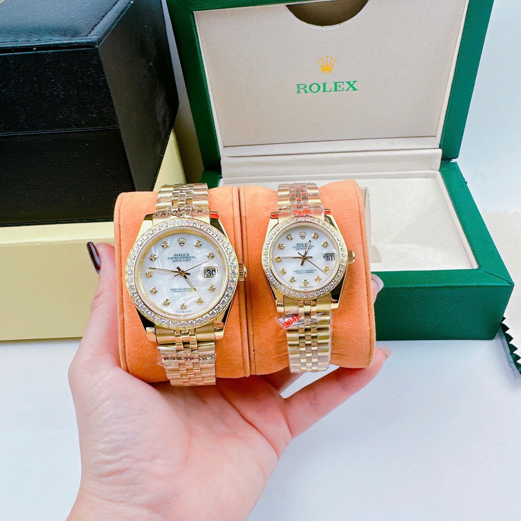 Combo đồng hồ đôi nam nữ đeo tay dây kim loại cao cấp chống nước R0lex size 41mm size 31mm