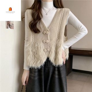 Áo Gile Áo Len Dệt Kim Dáng Vừa Cài Khuy Dạ Phối Vặn Thừng Chất Lông Thỏ Cổ V Phong Cách Vintage Hàng Qccc Shopquacam 