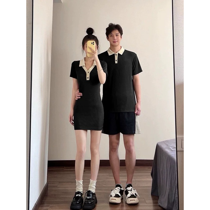 Áo váy đôi poplo đen thun gân body - Thời trang nam nữ, đồ đôi Forever Couple Store (có ảnh thật, giá gồm áo và váy)