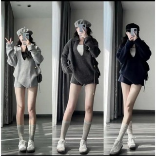  Sét đồ bộ nữ 3 món chất tăm gồm áo dài tay cổ khoét sâu có kèm áo croptp và quần short Ảnh video tự quay   