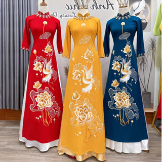 (Có sẵn) Áo dài mẹ sui, áo dài thêu hoa sen cổ thuyền vải lụa mango đính kết sang trọng MC06