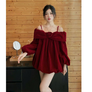 Set váy , áo trễ vai dáng  babydoll phối bèo hoa nơ ngực chất nhung mịm kèm quần short tiểu thư sang chảnh[ M070 ]