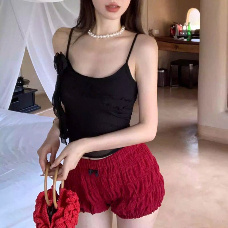 [Có tách lẻ] Set áo dây lưới đính hoa tua rua kèm quần bí nhún nơ ulzzang | BigBuy360 - bigbuy360.vn