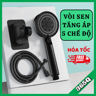 Vòi sen tăng áp 5 chế độ nước, đầu vòi hoa sen nóng lạnh không nút bật tắt màu ĐEN, tay sen tắm nhựa PP siêu bền