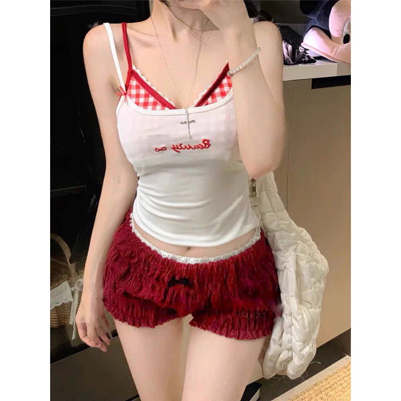 [Có tách lẻ] Set áo dây lưới đính hoa tua rua kèm quần bí nhún nơ ulzzang | BigBuy360 - bigbuy360.vn