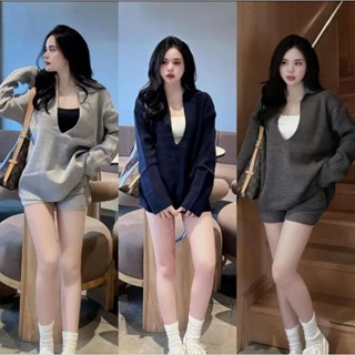 Sét bộ đồ nữ  3 trong 1(Ảnh và video tự quay cận chất đúng mẫu),áo len tăm cổ sâu kèm áo crop top và quần ngắn dáng xinh