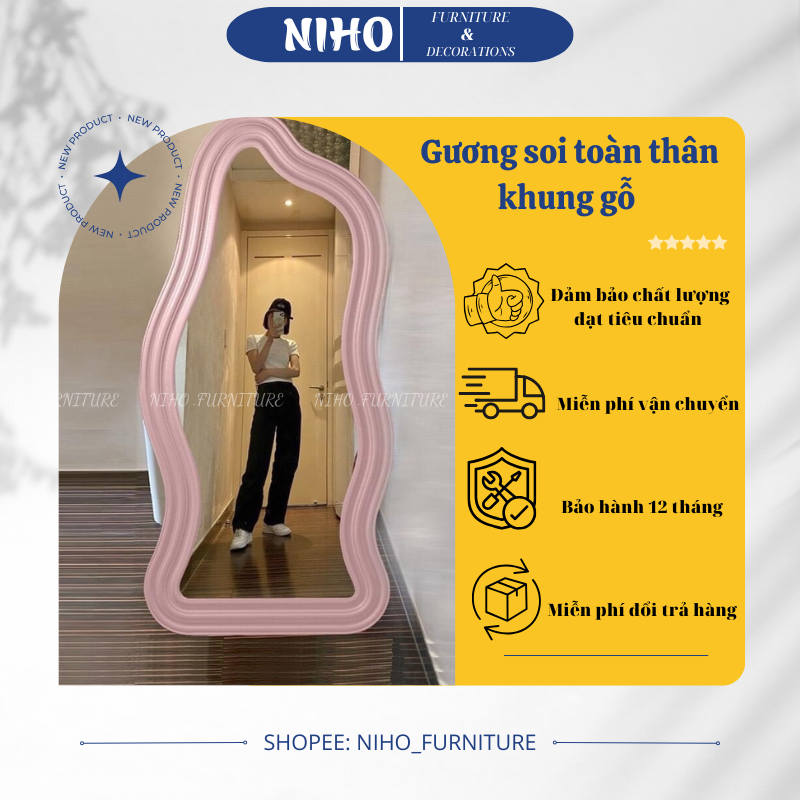 Gương soi toàn thân khung gỗ sơn lượn sóng đèn led Niho Gương soi toàn thân đèn led khung gỗ hình hạ