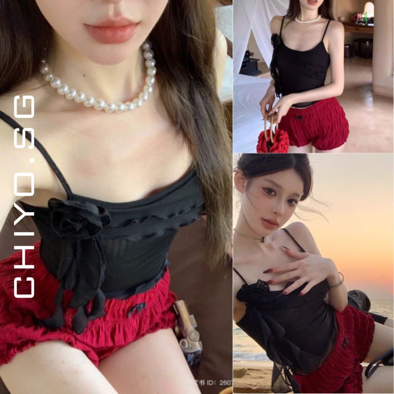 [Có tách lẻ] Set áo dây lưới đính hoa tua rua kèm quần bí nhún nơ ulzzang | BigBuy360 - bigbuy360.vn