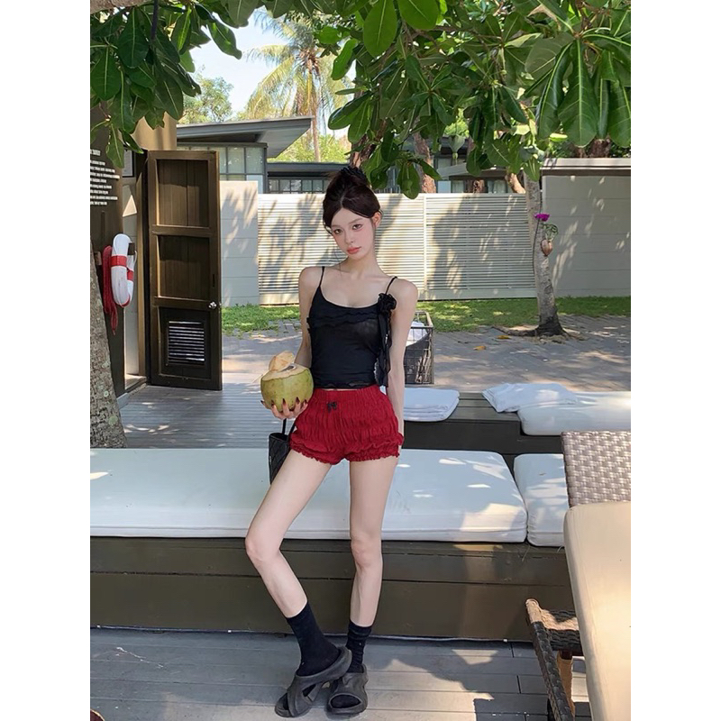 [Có tách lẻ] Set áo dây lưới đính hoa tua rua kèm quần bí nhún nơ ulzzang | BigBuy360 - bigbuy360.vn