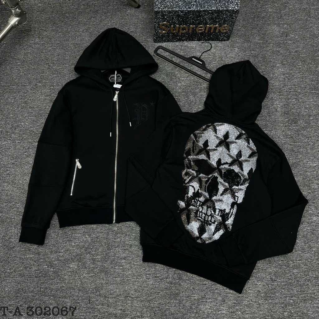  B1 - Áo Khoác Hoodie Boy Phố Philipp Plein Đính Đá Đầu Lâu Logo Kim Loại Áo  Chất Phố  Hot  2025 