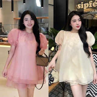 ( Kèm Quần ) Set Áo Babydoll Tay Bồng Rút Dây Kèm Quần Cột Voan Tơ 2 Lớp Xoè Tầng
