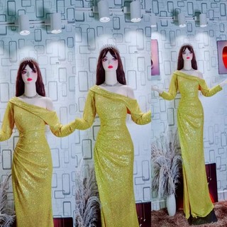 Đầm dạ hội body kim sa lệch vai tay dài thiết kế cao cấp