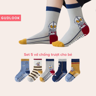 Set 5 Đôi Tất Cotton Siêu Nhân GUDLOOK Bé Trai Gái Cổ Cao Mềm Mại Thoáng Khí Khử Mùi Chất Lượng
