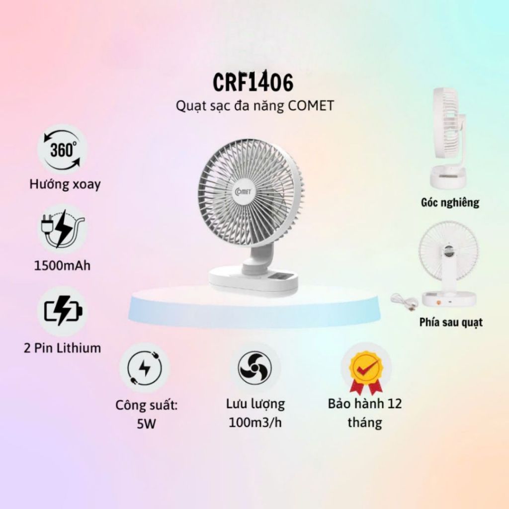 Quạt Sạc Đa Năng Để Bàn COMET CRF1406 Công Suất 6W 3 Cấp Độ Gió, Đèn LED, Pin Lithium Tích Điện Cao