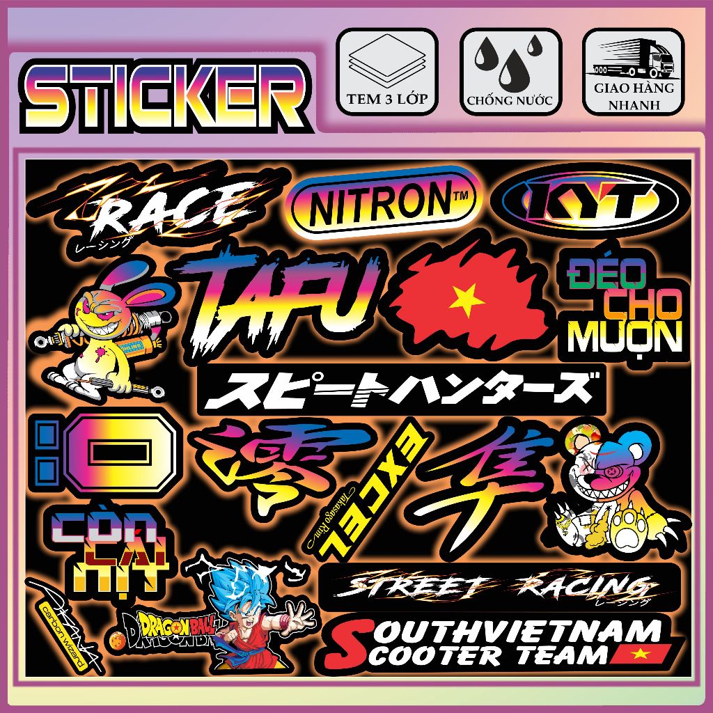tem sticker chữ tàu hót dán trang trí nhiều nơi tủ lạnh xe máy láp tốp,hộp bút,mũ bảo hiểm,hộp quà.....