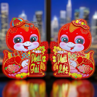 TặngKeo] Set 2 Bé Na Phát Tài Phát Lộc Đỏ giấy Nhung dán cửa trang trí tết R675