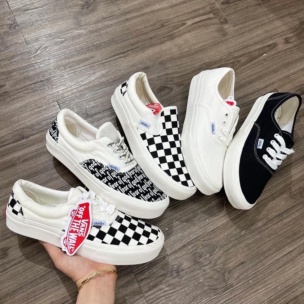 Giày Vans Slip On Strap Fear Of God Đen Trắng + Vans Caro, Giày Vans Dán Nam Nữ Đủ Size, Full Box Bill