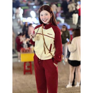  Sét bộ nỉ thu đông phong cách thể thao cá tính áo nỉ kem khoá kéo cổ trụ tay dài phối đỏ mix quần suông ống bo kiểu mới 