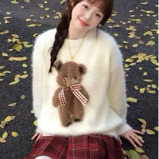 [ẢNH THẬT] SẴN Áo len lông mịn màu be trắng phối gấu Bear siêu xinh có nơ Noel Tết tone dễ phối dài tay oversize chùmSẴN