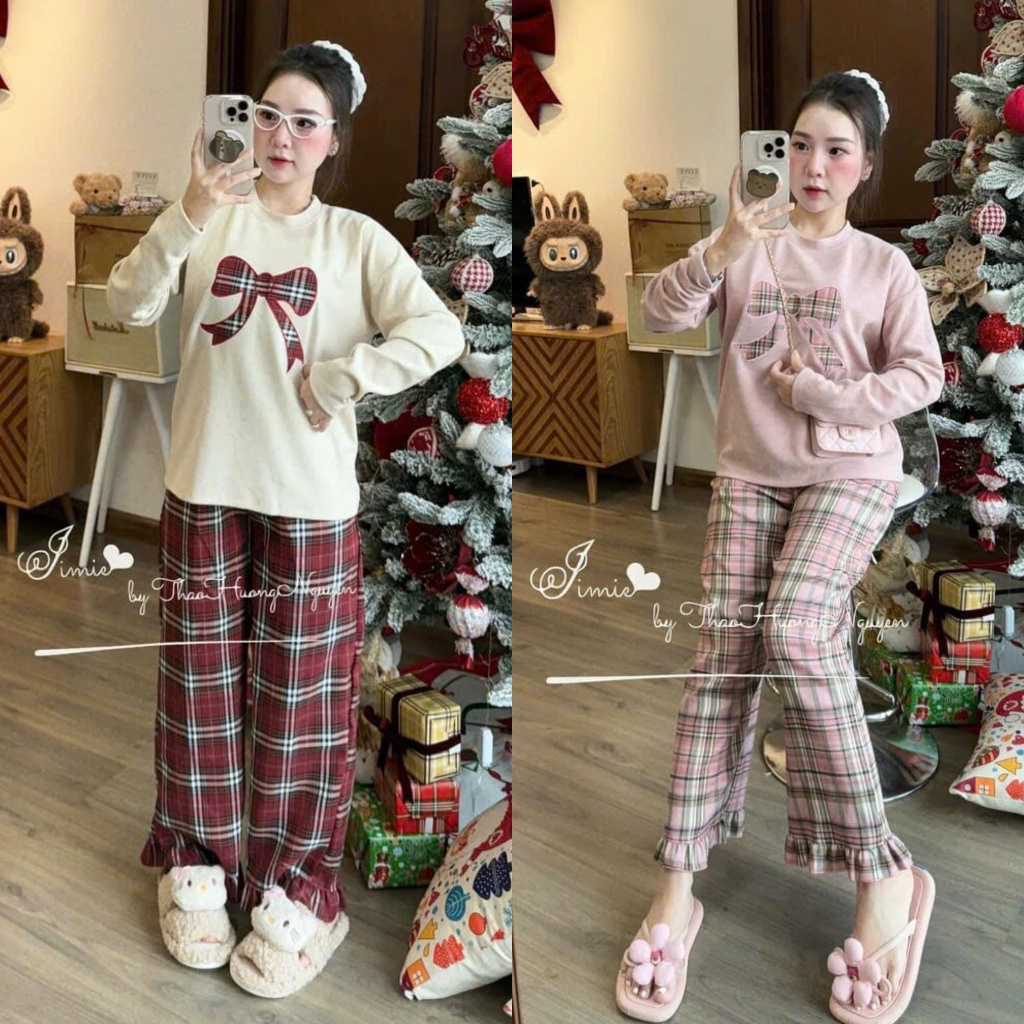 Set Bộ Len Thỏ Áo Dài Tay In Nơ Kẻ Mix Quần Flannel Kẻ Caro Phối Bèo Gấu 2 Màu Cạp Chun Tiện Lợi (Ản
