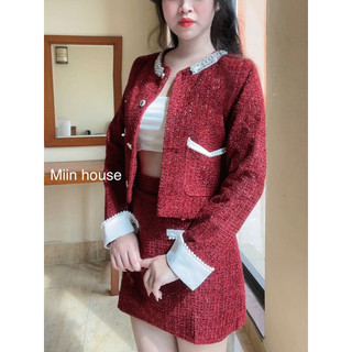 Set dạ viền trắng 4 túi (áo khoác + chân váy)