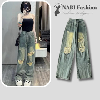 Quần Jean Suông Nữ NABI Fashion Rách Gối Cá Tính NB5593 Full Size S M L Quần Bò Ống Rộng Ôm Eo Hack Dáng Che Khuyết Điểm