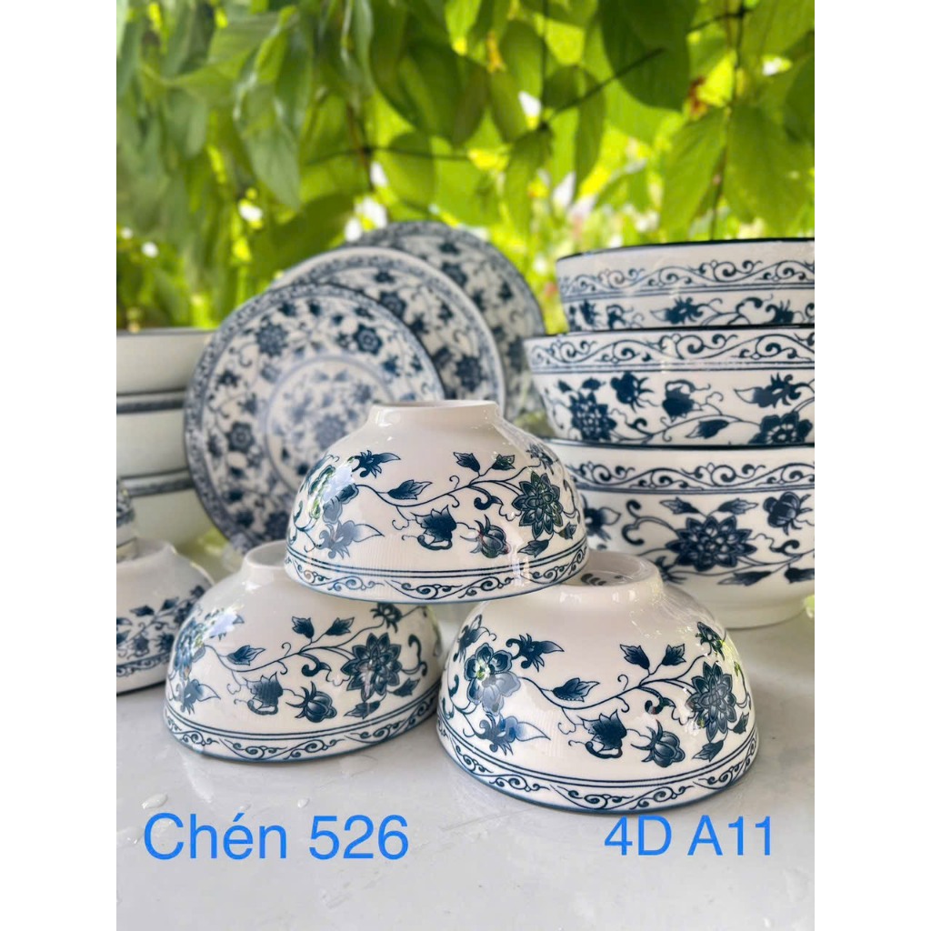 combo 10 chén, 5 chén, 2 chén hoa văn bông xanh - A11 , chén cơm sứ trắng