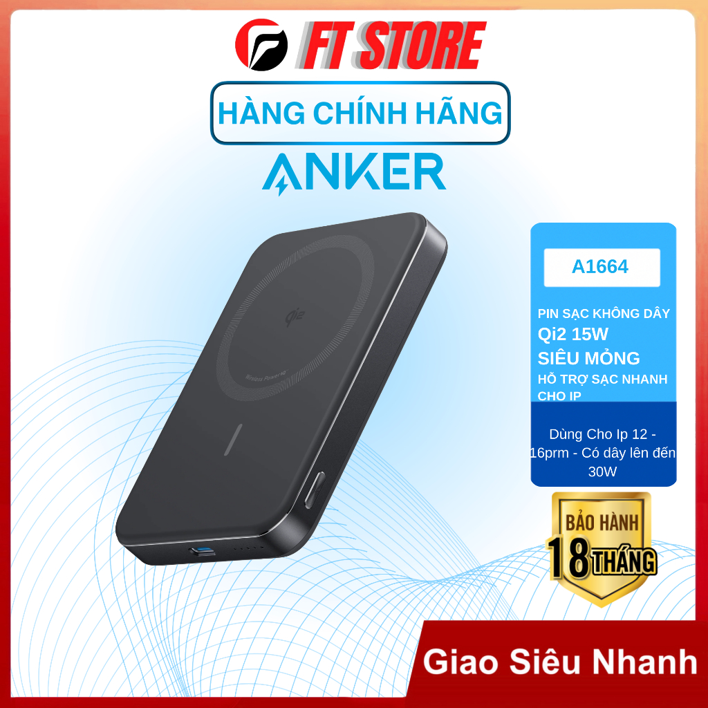  Sạc dự phòng hít từ tính Anker có chứng nhận Qi2 15W MagGo A1664 siêu mỏng 10.000mAh - BH18TH 