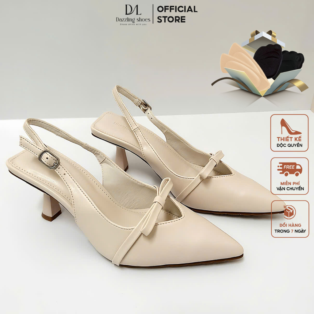 Giày guốc cao gót Slingback nữ 7cm mũi nhọn khoét tim phối nơ nhỏ DAZZLING SHOES  SU103